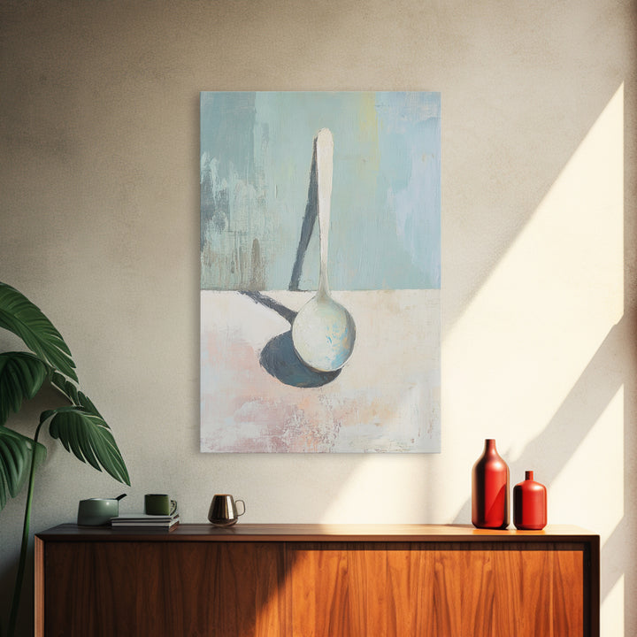 Single White Spoon Minimal Still Life Wall Art, Blue Shadow Minimalist Decor, Neutral Kitchen Print, Modern Canvas Print