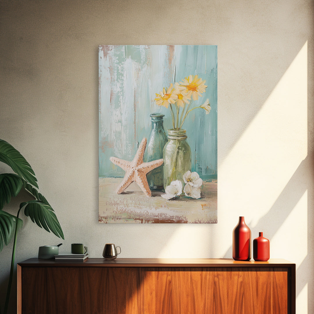 Starfish Daisies And Sea Glass Bottles Coastal Wall Art, Beach House Decor, Floral Canvas Print, Summer Gift For Her, Bathroom Decor