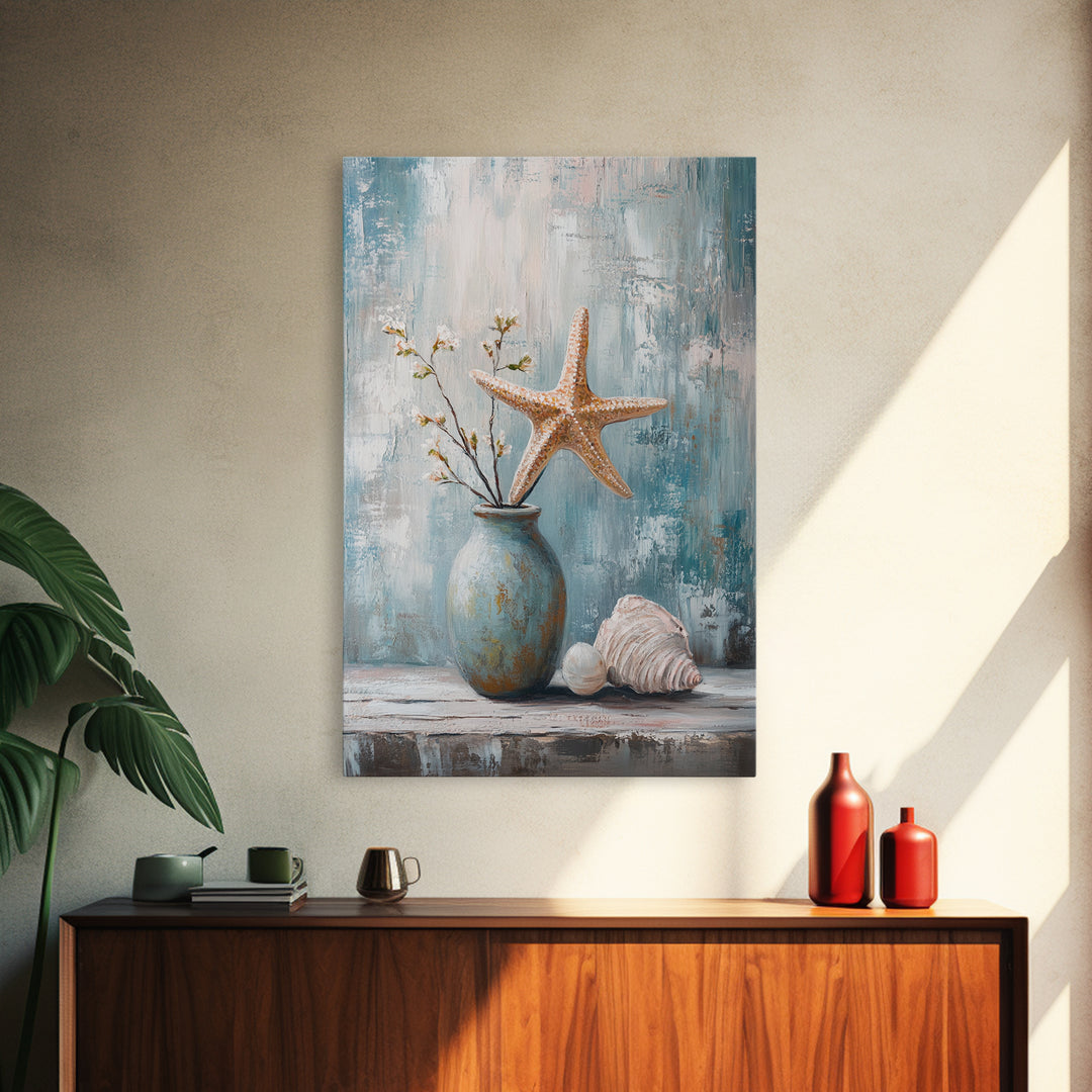 Orange Starfish Seashell And Blue Vase Coastal Wall Art, Nautical Beach Decor, Ocean Canvas Print, Serene Bathroom Art For Home