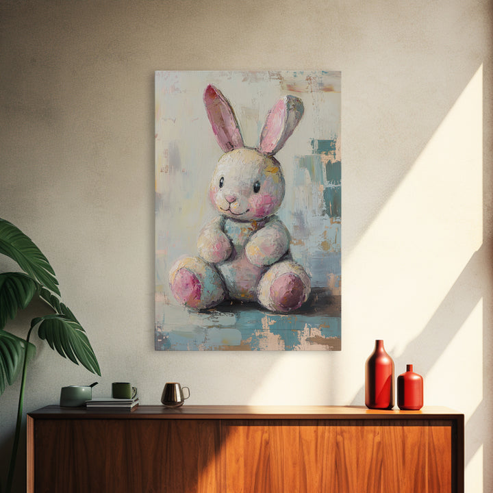 Plush Bunny Toy With Pink Ears Canvas Print, Whimsical Nursery Wall Art, Baby Girl Room Decor, Cute Animal Art, Baby Shower Gift