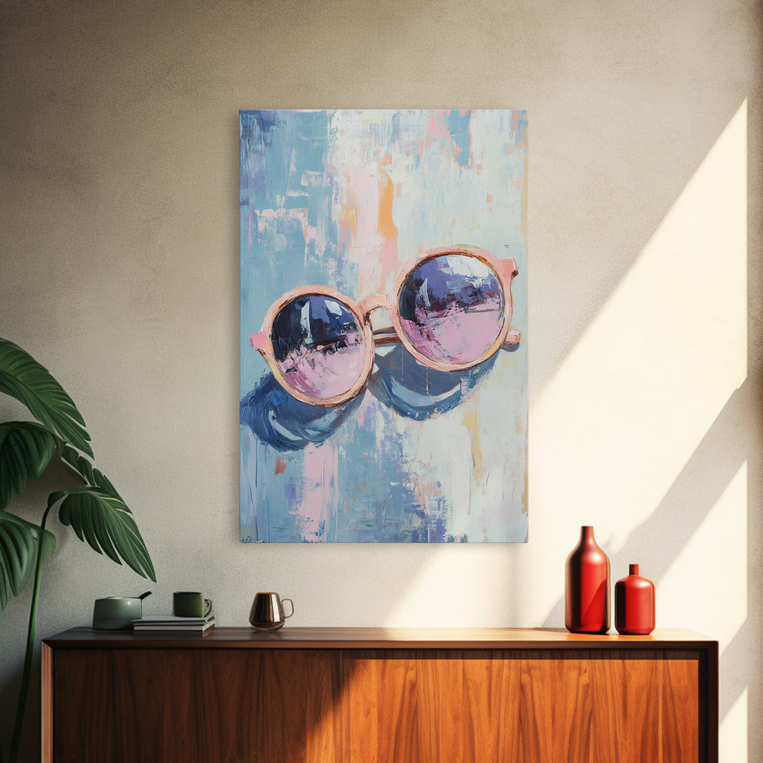 Pink Sunglasses On Blue Abstract Canvas Print, Fashion Wall Art, Dopamine Decor, Trendy Prints, Cool Girl Room Decor, Modern Wall Decor