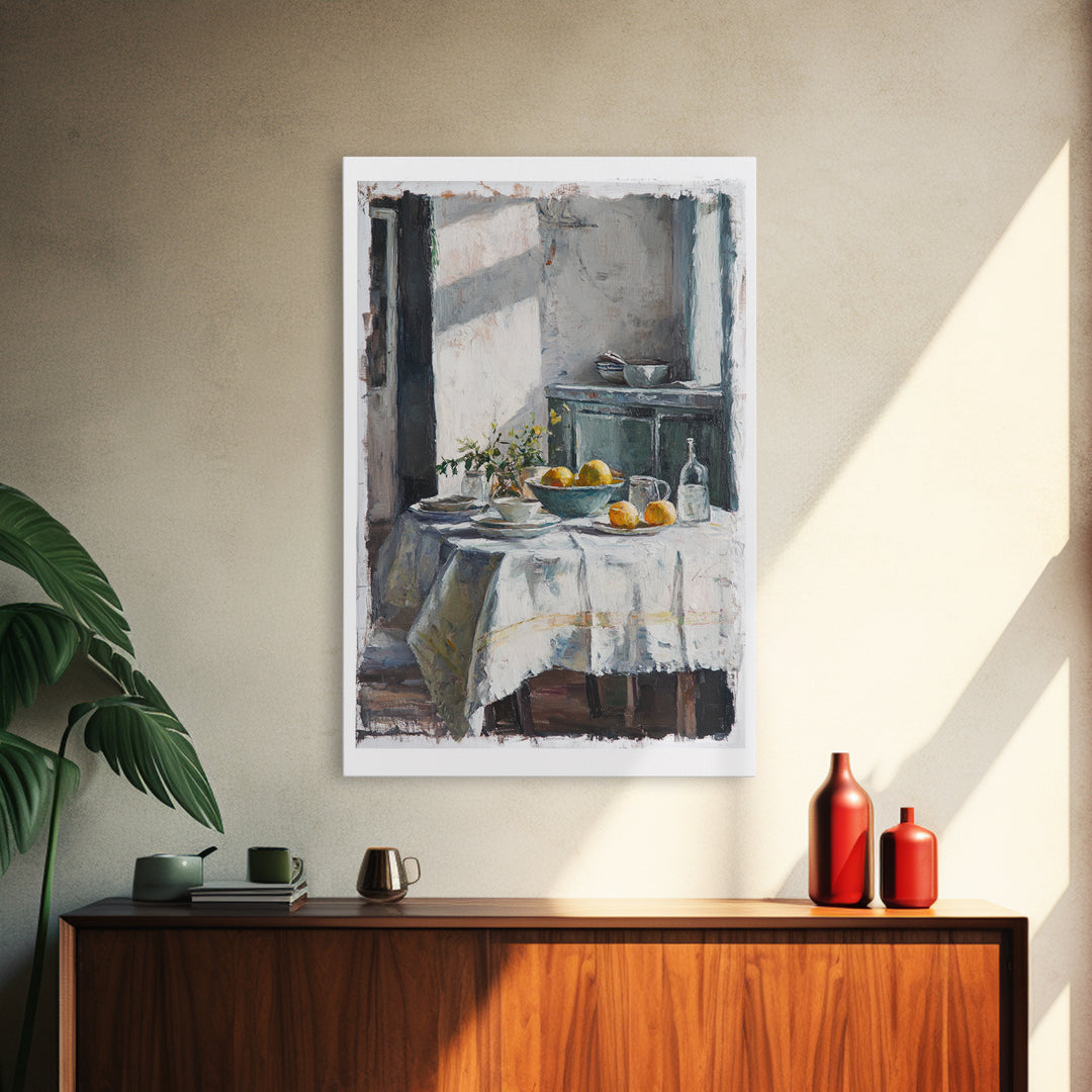 Sunlit Breakfast Table With Oranges Wall Art, Rustic Kitchen Decor, French Country Print, Still Life Art, Housewarming Gift
