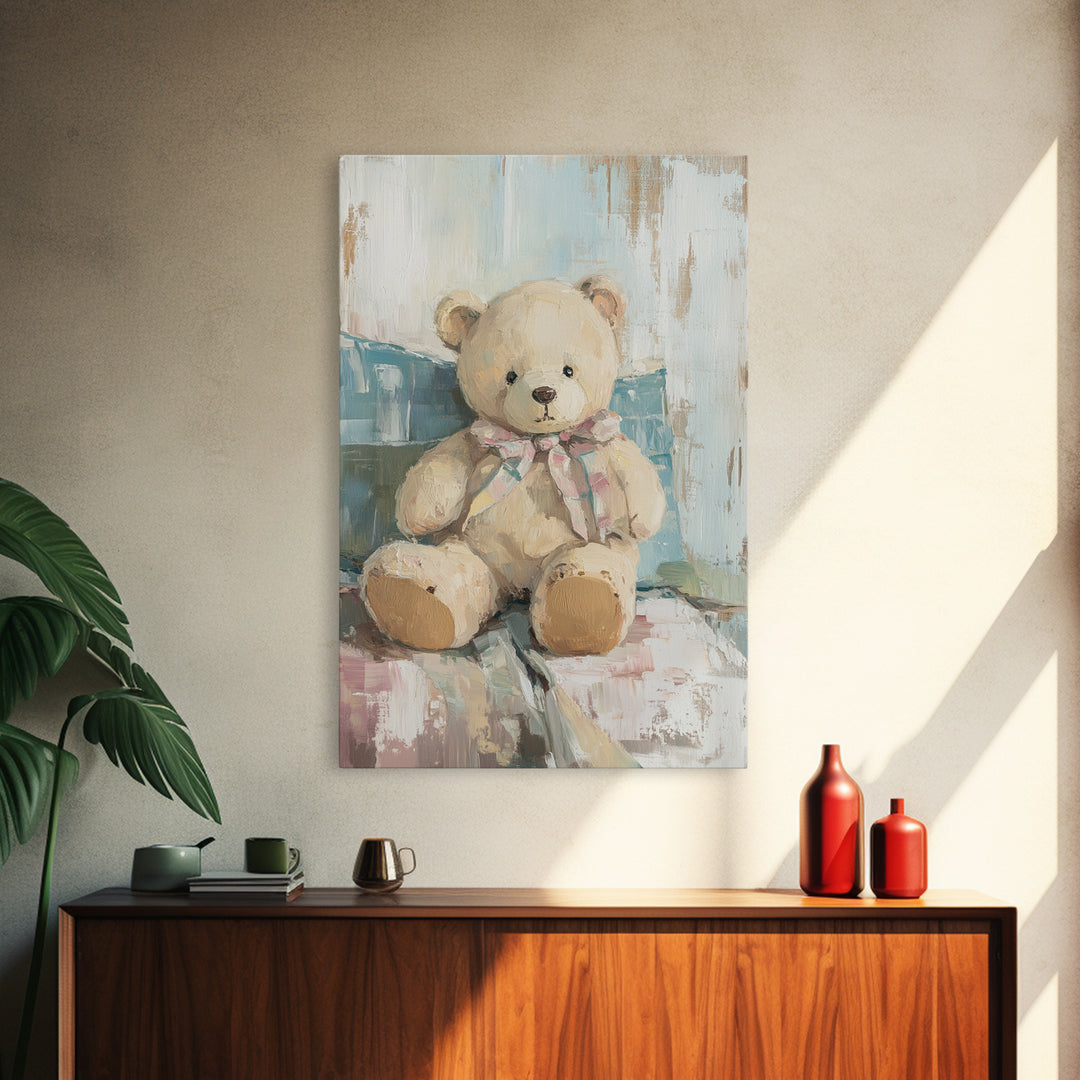 Cream Teddy Bear On Blue Pillow Framed Canvas Print, Nursery Wall Art, Kids Room Decor, Baby Shower Gift, Neutral Nursery Decor
