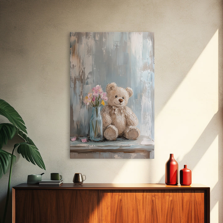 Smiling Teddy Bear With Pink Flowers Wall Art, Nursery Decor, Kids Room Art, Baby Shower Gift, Whimsical Animal Print, Girl Nursery Decor