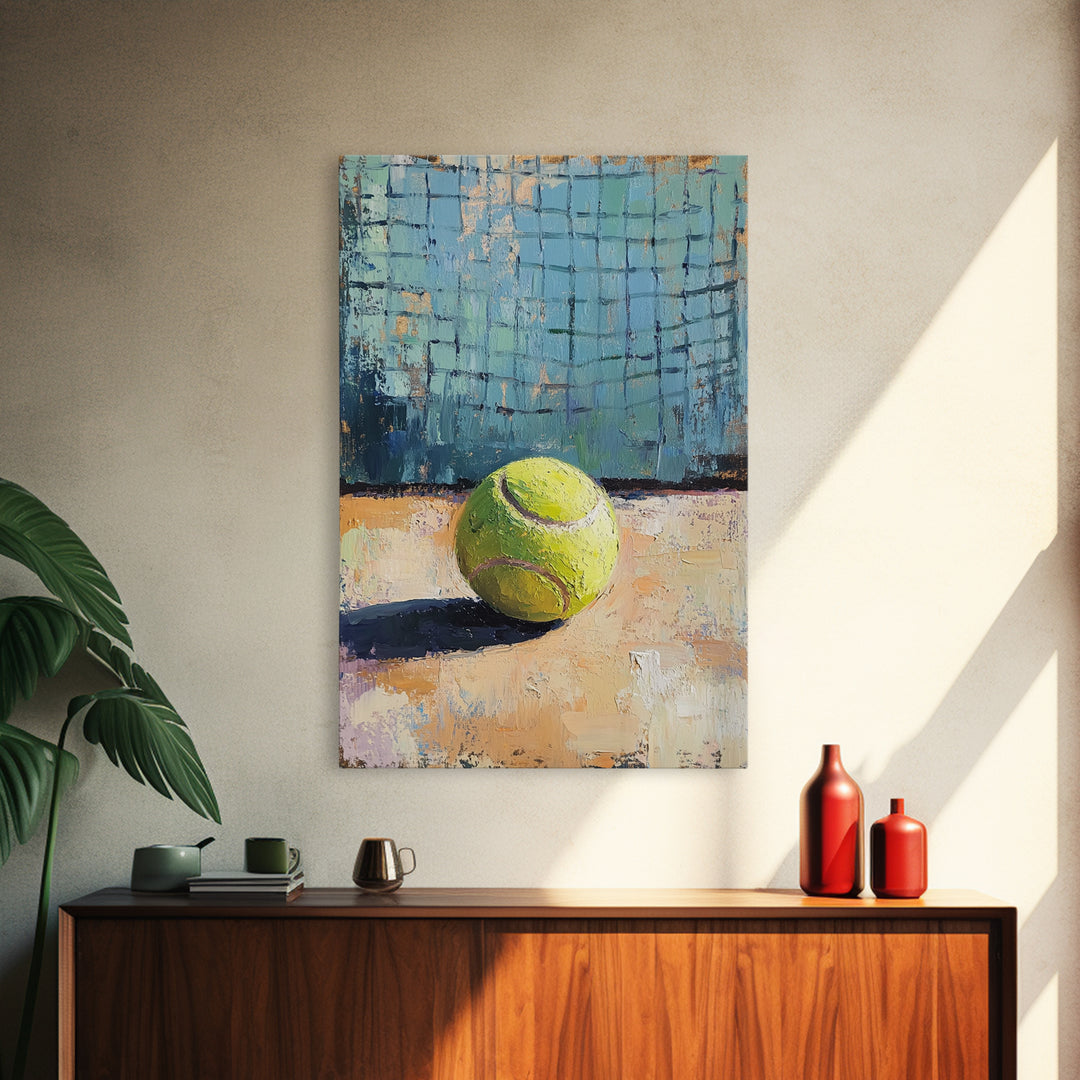 Bright Tennis Ball By Court Net Wall Art, Sports Room Decor, Game Room Art Print, Athletic Gift For Him, Home Gym Decor, Office Decor