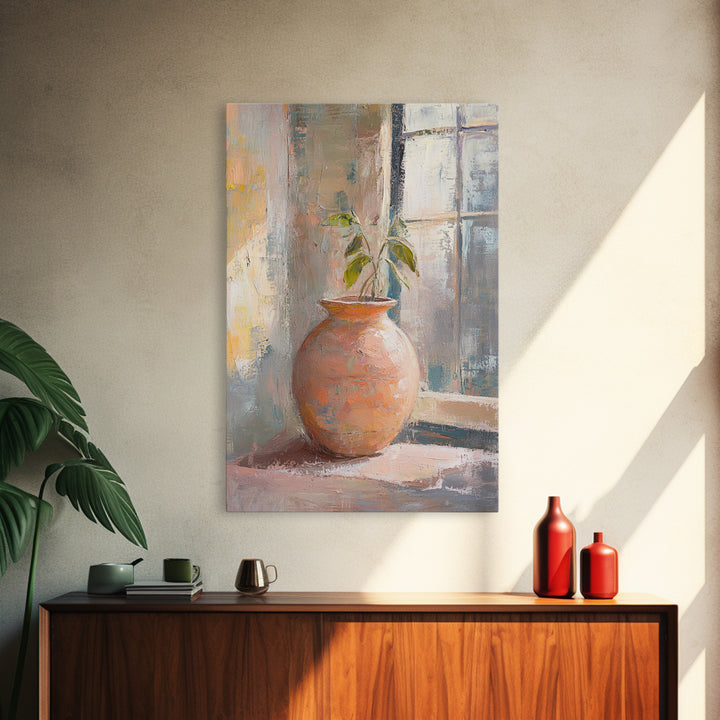 Terracotta Vase With Green Plant Framed Canvas Print, Rustic Botanical Wall Art, Neutral Home Decor, Entryway Wall Decor