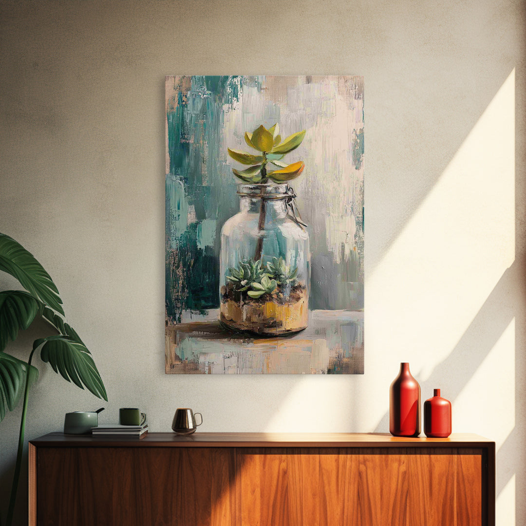 Succulent Terrarium In Glass Jar Wall Art, Botanical Canvas Print, Teal Still Life Decor, Plant Lover Housewarming Gift