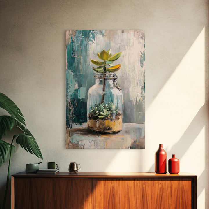 Succulent Terrarium In Glass Jar Wall Art, Botanical Canvas Print, Teal Still Life Decor, Plant Lover Housewarming Gift