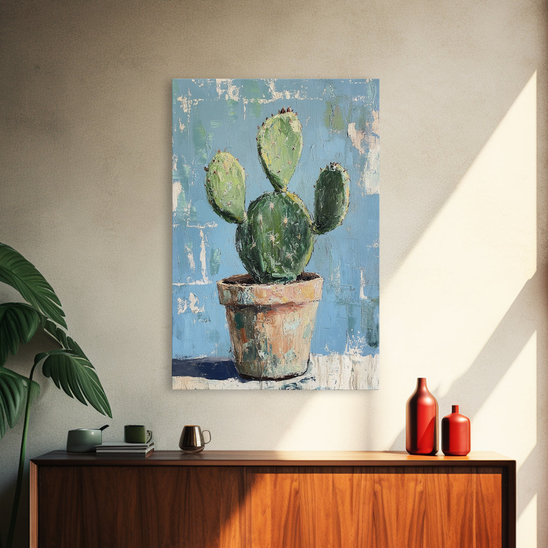 Prickly Pear Cactus In Clay Pot Wall Art, Desert Botanical Canvas Print, Southwest Decor, Plant Lover Housewarming Gift Idea