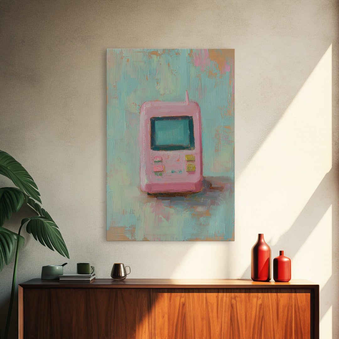 Pink Retro Handheld Game Wall Art, Nostalgic Tech Canvas Print, 90s Decor, Gamer Gift, Pastel Office Desk Art, Unique Home Decor