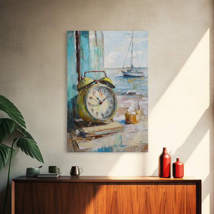 Nautical Alarm Clock Still Life Framed Canvas Print, Coastal Wall Art, Beach House Decor, Sailboat Ocean Art Print, Nautical Home Decor