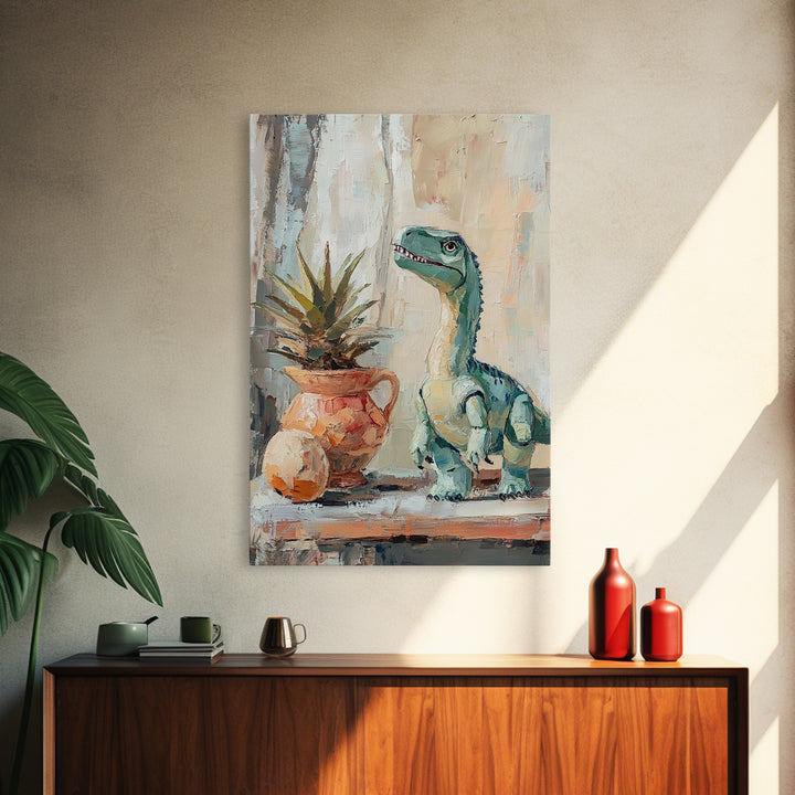 Cute Dinosaur And Potted Plant Canvas Print, Whimsical Animal Wall Art, Kids Room Decor, Nursery Art, Playroom Gift For Child Bedroom