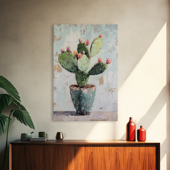 Prickly Pear Cactus In Rustic Pot Canvas Print, Desert Wall Art, Southwest Decor, Botanical Wall Decor, Plant Lover Gift