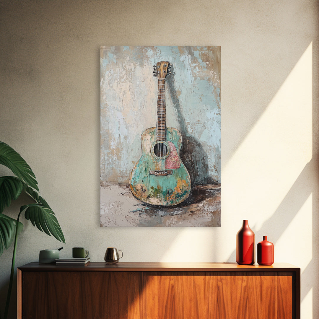 Weathered Turquoise Acoustic Guitar Canvas Print, Music Room Wall Art, Rustic Music Decor, Guitar Lover Gift, Studio Poster