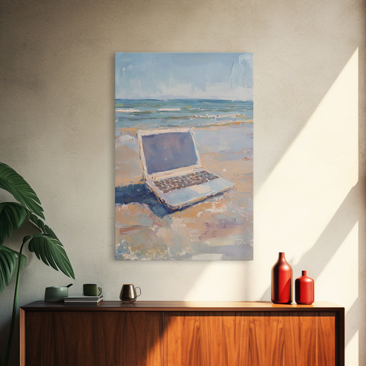 Open Laptop On Sandy Beach Framed Canvas Print, Coastal Wall Art, Remote Work Office Decor, Ocean Landscape Art Print, Beach House Decor