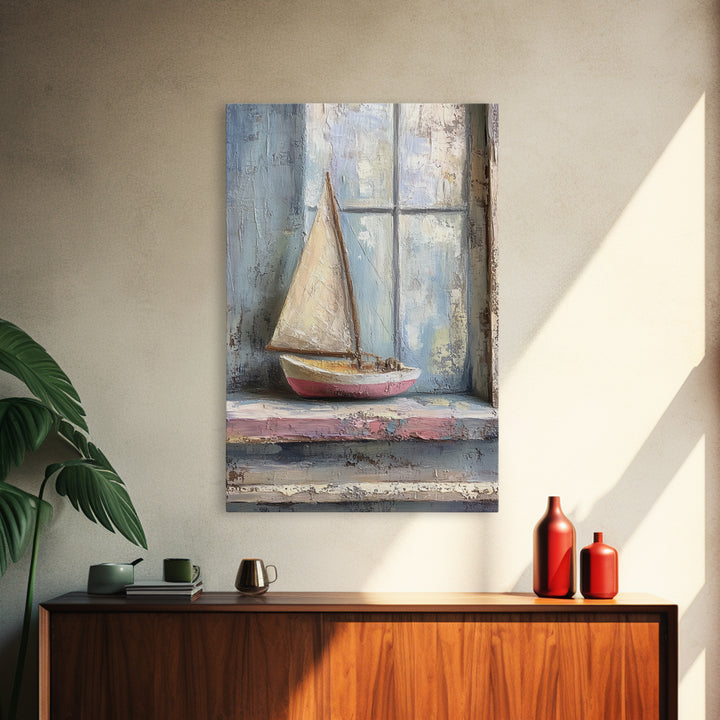 Weathered Sailboat On Window Sill Framed Canvas Print, Nautical Wall Art, Coastal Decor, Beach House Art, Seascape Art, Ocean Wall Decor