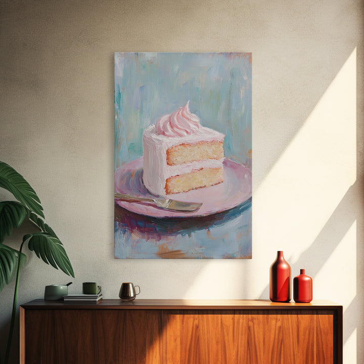 Pink Frosted Cake Slice On Plate Wall Art, Bakery Art Print, Kitchen Wall Art, Cute Kitchen Decor, Dessert Art, Gift For Her