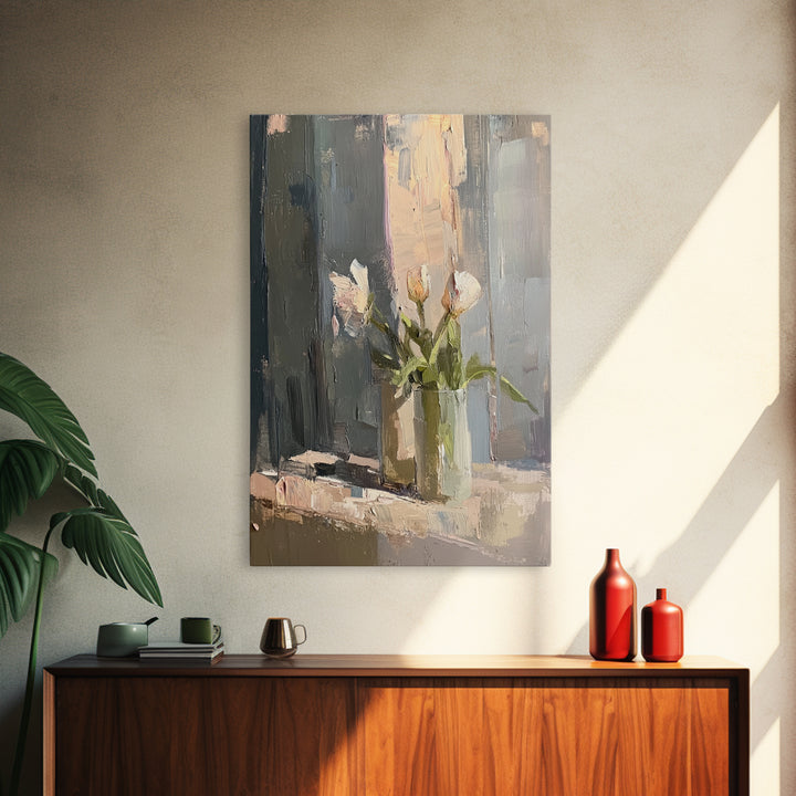 Soft White Tulips Framed Canvas Print, Impasto Floral Still Life, Neutral Wall Decor, Bedroom Decor, Gift For Her, Home Decor