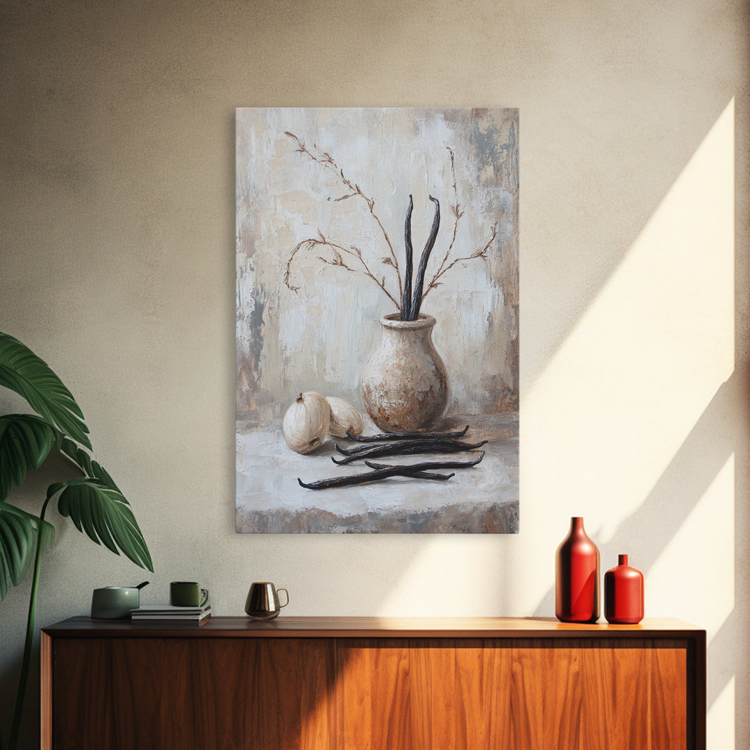 Rustic Vanilla Bean And Garlic Still Life Wall Art, Neutral Kitchen Decor, Farmhouse Canvas Print, Dining Room Art, Gift For Foodie