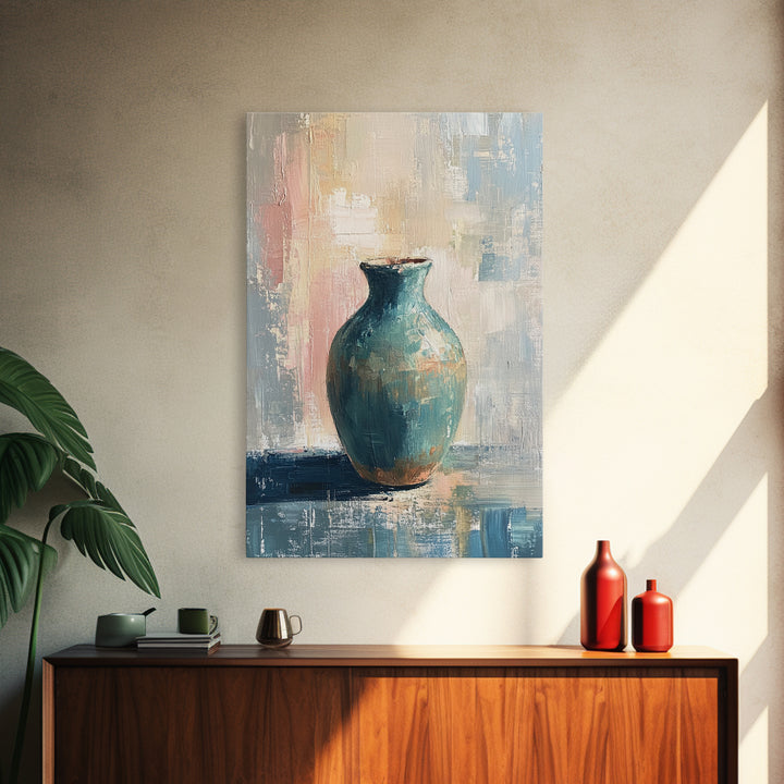 Turquoise Ceramic Vase Canvas Print, Modern Still Life Painting, Teal Wall Decor, Minimalist Art, Living Room Decor, Home Decor