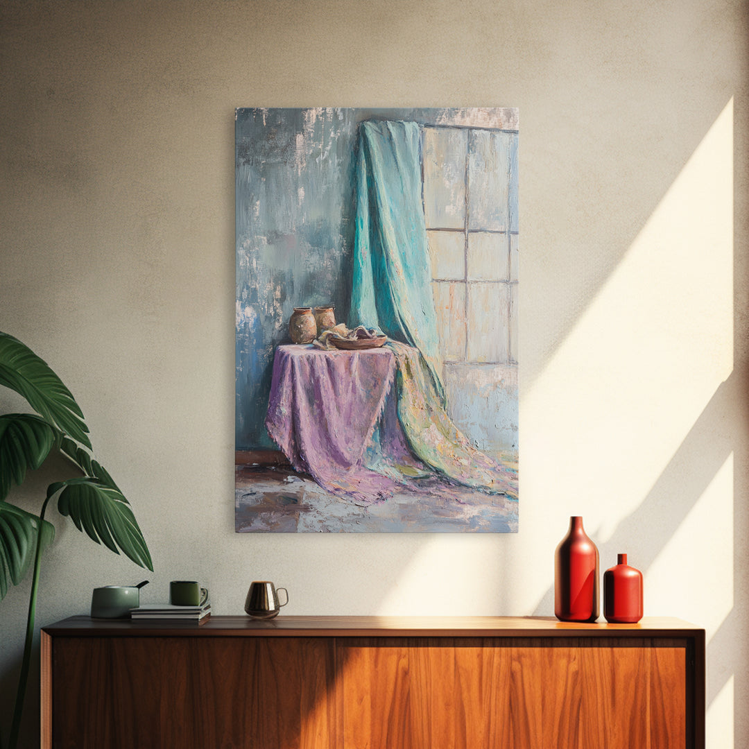 Turquoise Draped Fabric Still Life Wall Art, Soft Pastel Table Scene, Contemporary Canvas Print, Living Room Wall Decor, Home Decor