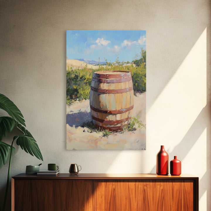 Sunlit Vineyard Wine Barrel Canvas Print, Rustic Winery Landscape Painting, Wine Wall Art, Kitchen Decor, Gift For Wine Lover