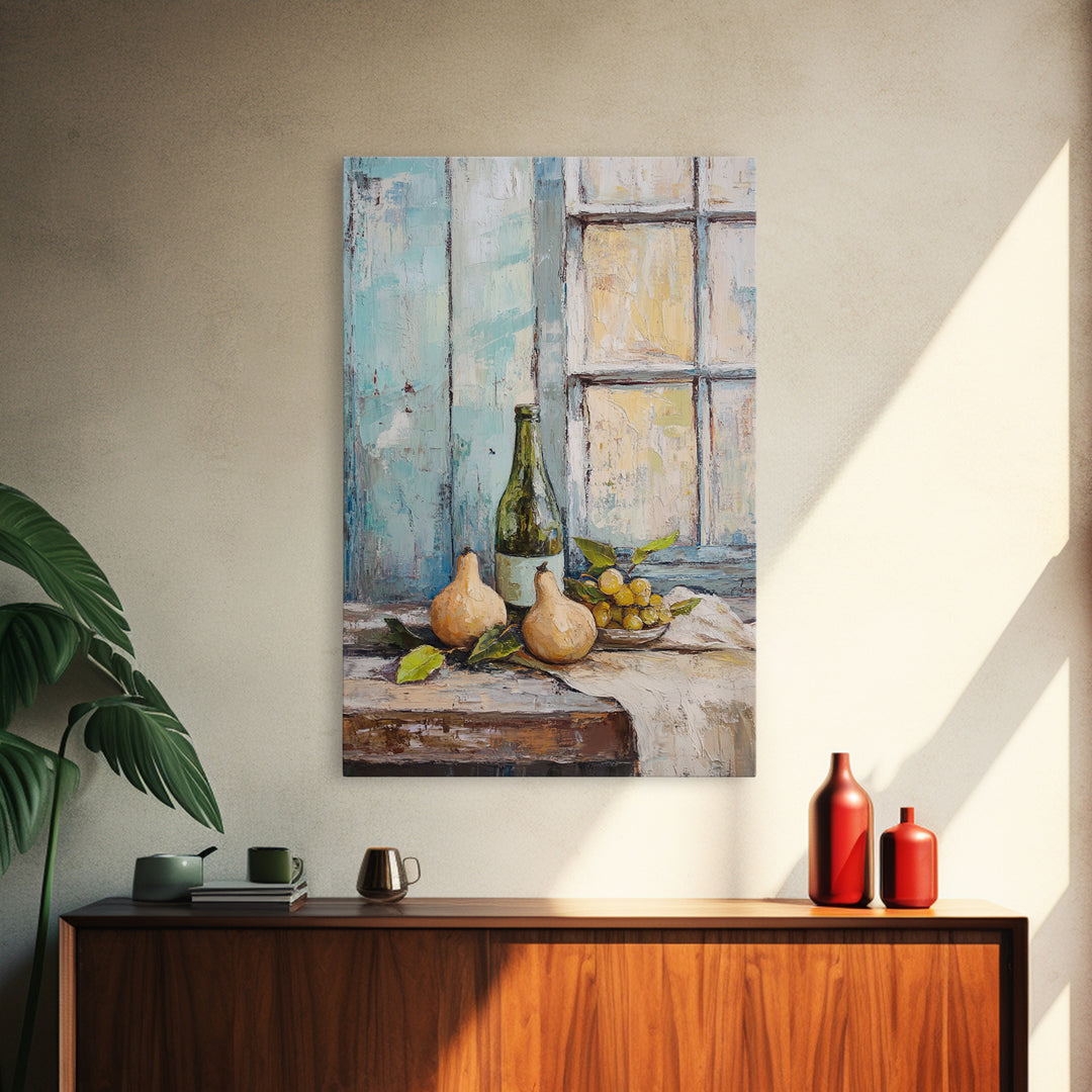Wine Bottle Pears And Grapes By Window Canvas Print, Rustic Kitchen Wall Art For Dining Room Decor And French Country Decor