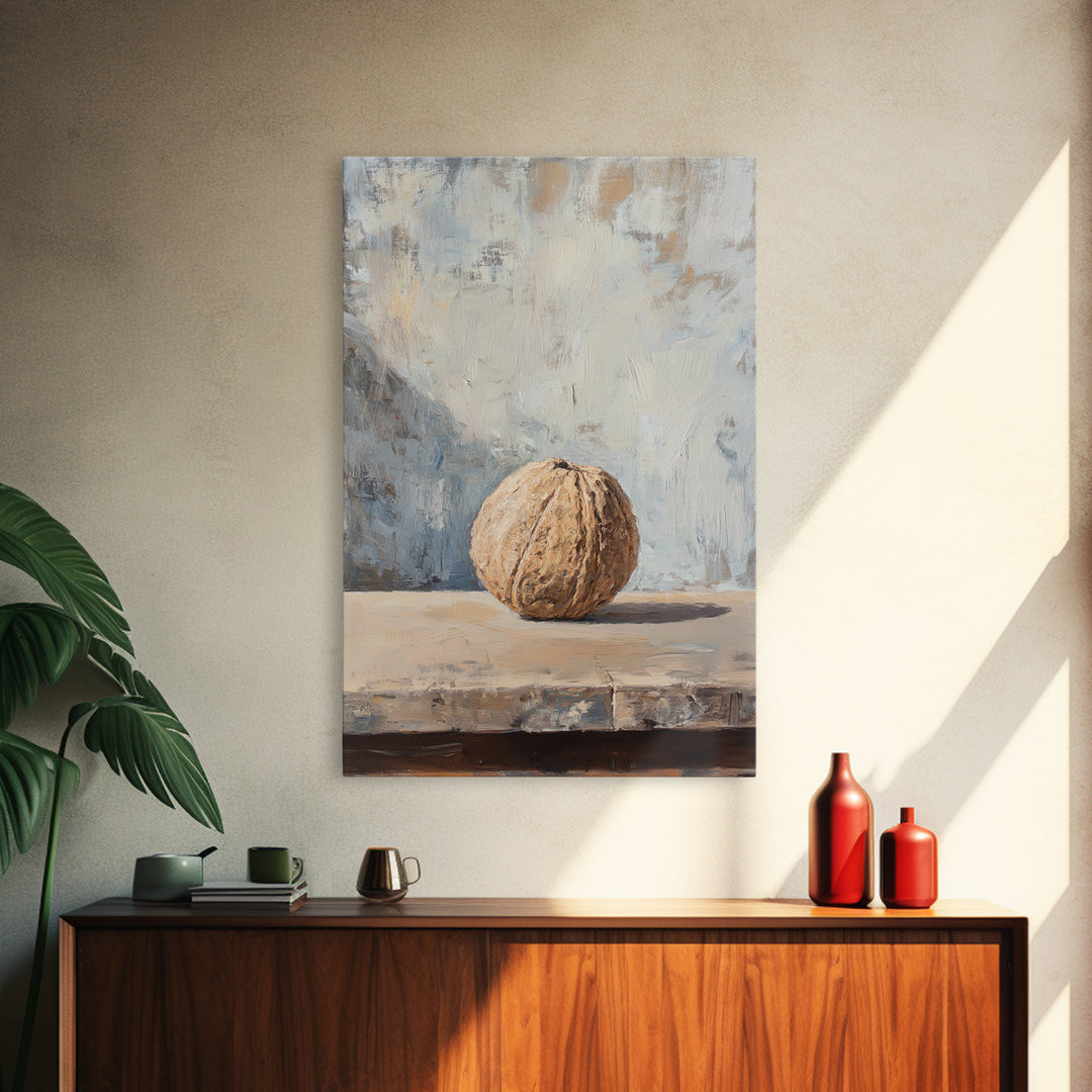 Minimal Walnut Still Life On Shelf Canvas Print, Neutral Kitchen Wall Art For Rustic Home Decor And Farmhouse Wall Decor