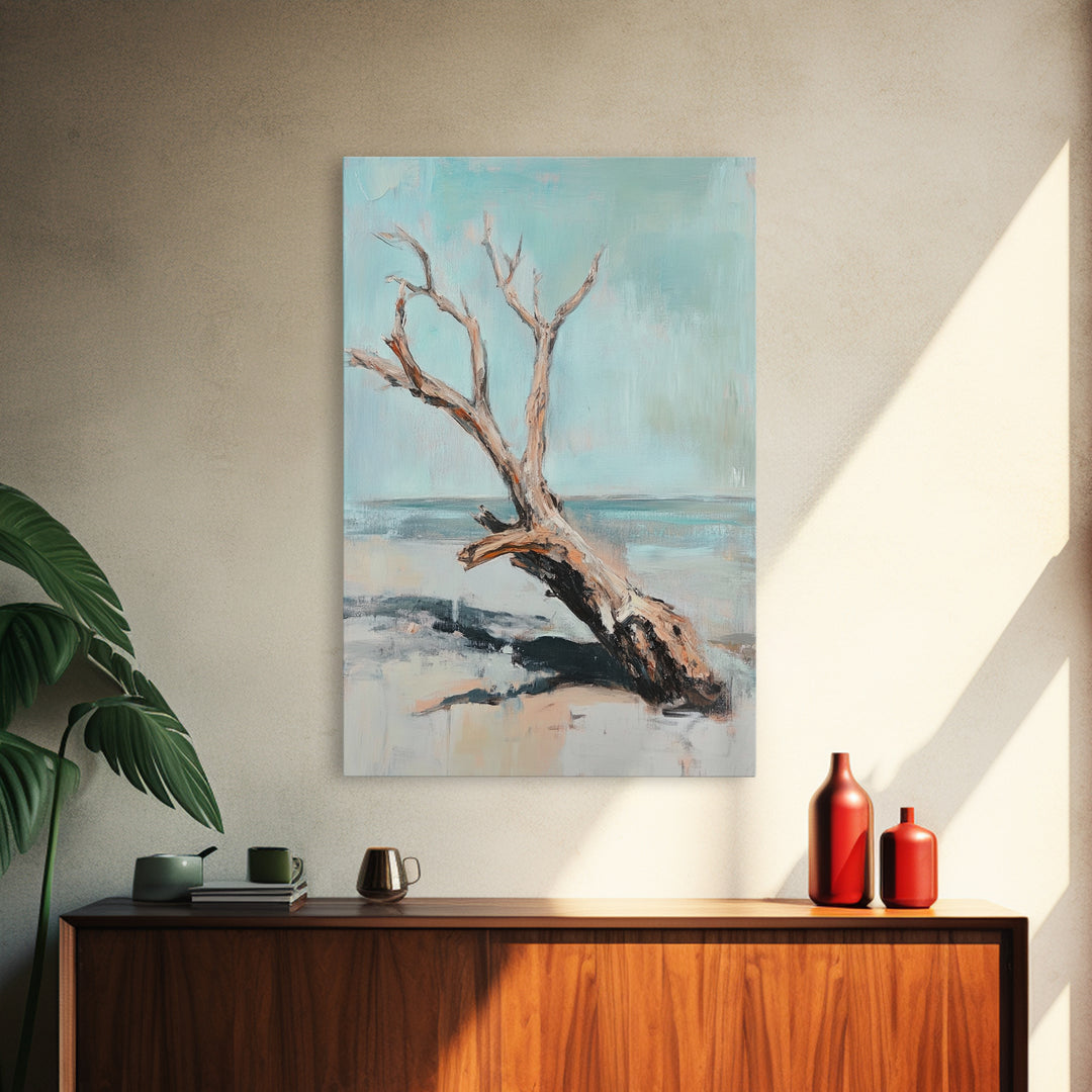 Weathered Driftwood On Quiet Beach Canvas Print, Coastal Wall Art, Minimalist Seascape Decor, Neutral Ocean Landscape Art