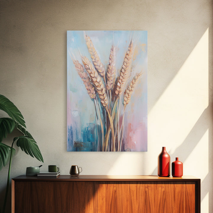Golden Wheat Stalks In Soft Pastel Light Framed Canvas Print, Rustic Farmhouse Wall Art, Country Kitchen Decor, Housewarming Gift