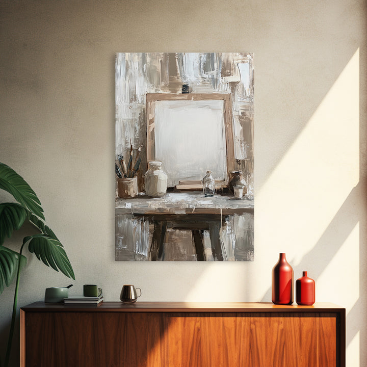 Neutral Artist Studio Easel And Paintbrushes Framed Canvas Print, Minimalist Office Wall Art, Rustic Home Decor For Creative Spaces