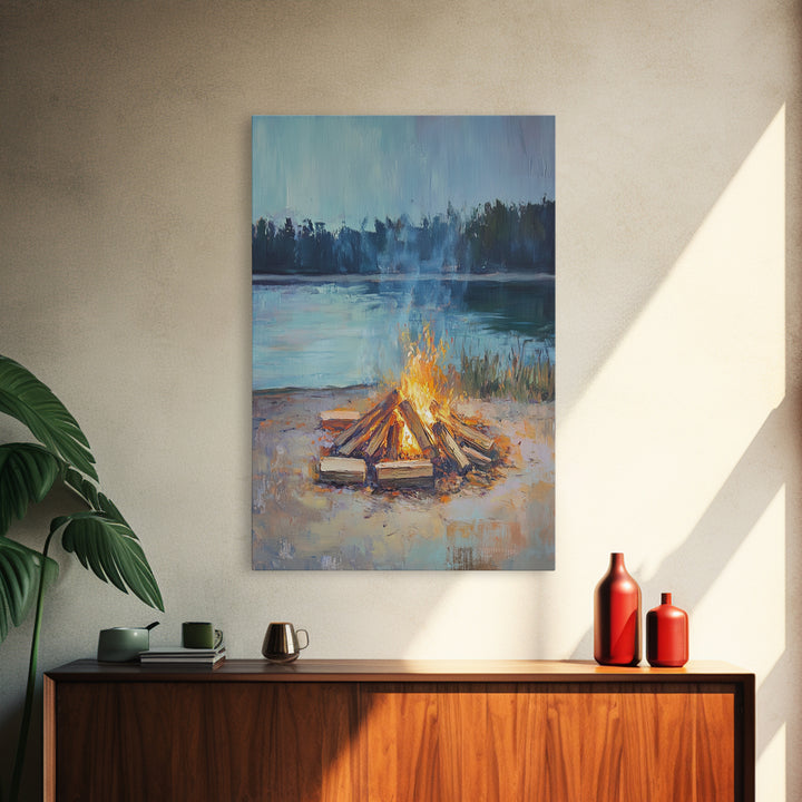 Lakeside Campfire At Dusk Wall Art, Rustic Cabin Decor, Cozy Nature Print, Lake House Canvas, Housewarming Gift, Living Room Decor