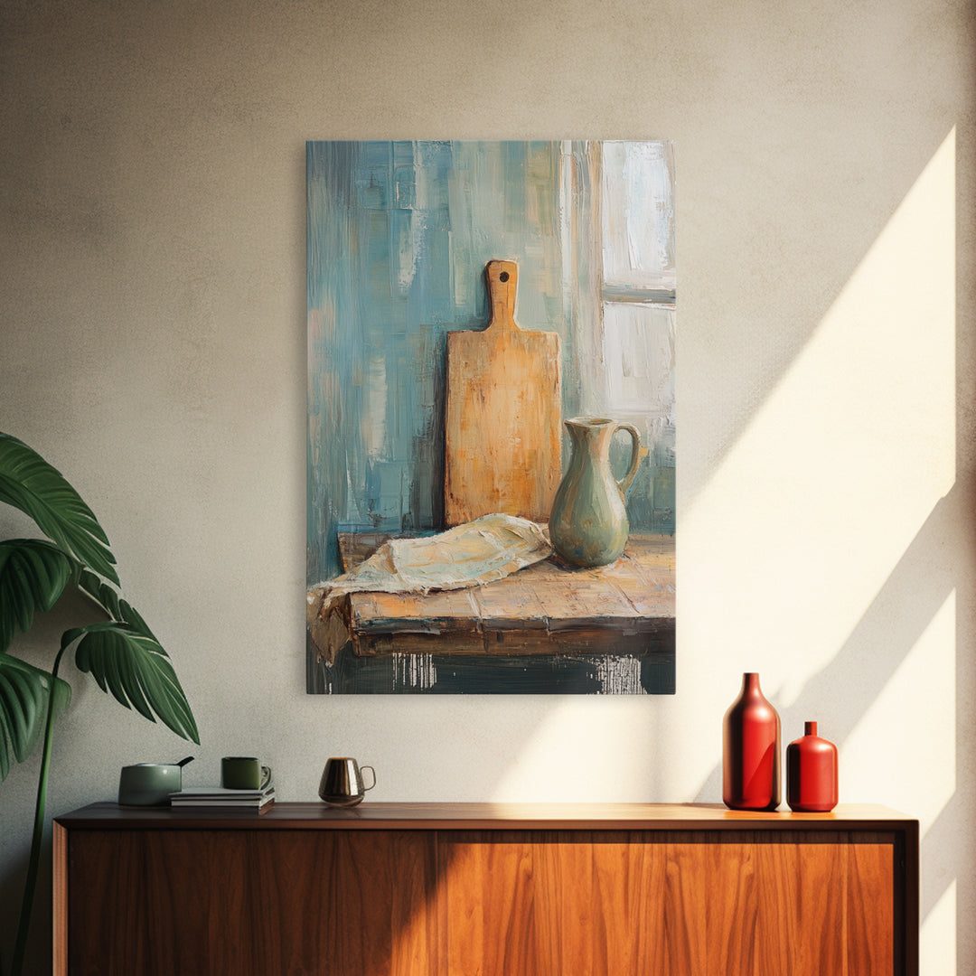 Rustic Cutting Board And Ceramic Pitcher Wall Art, Farmhouse Kitchen Decor, Country Still Life Art Print, Housewarming Gift