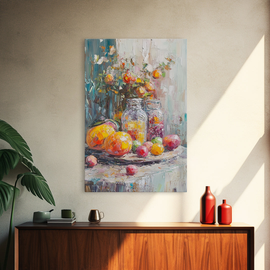 Colorful Citrus Fruit Still Life With Glass Jars Canvas Print, Kitchen Wall Art, Rustic Farmhouse Dining Room Decor, Foodie Gift