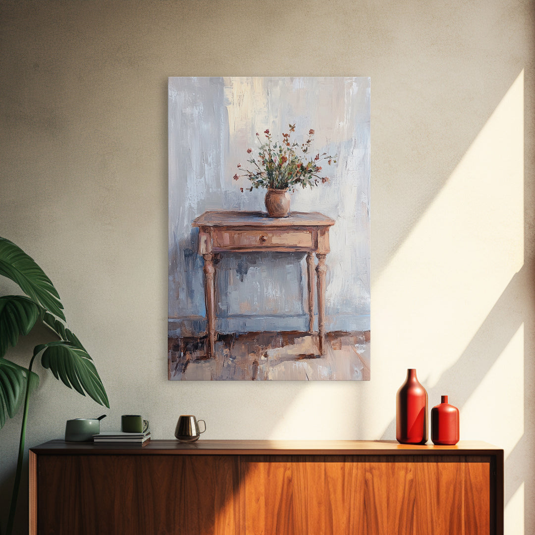 Rustic Console Table With Wildflower Vase Wall Art, Neutral Farmhouse Canvas Print, Entryway Living Room Wall Decor, Home Decor