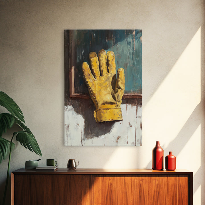 Yellow Work Glove On Rustic Chalkboard Wall Art, Industrial Garage Canvas Print, Tool Room Man Cave Wall Decor, Gift For Him