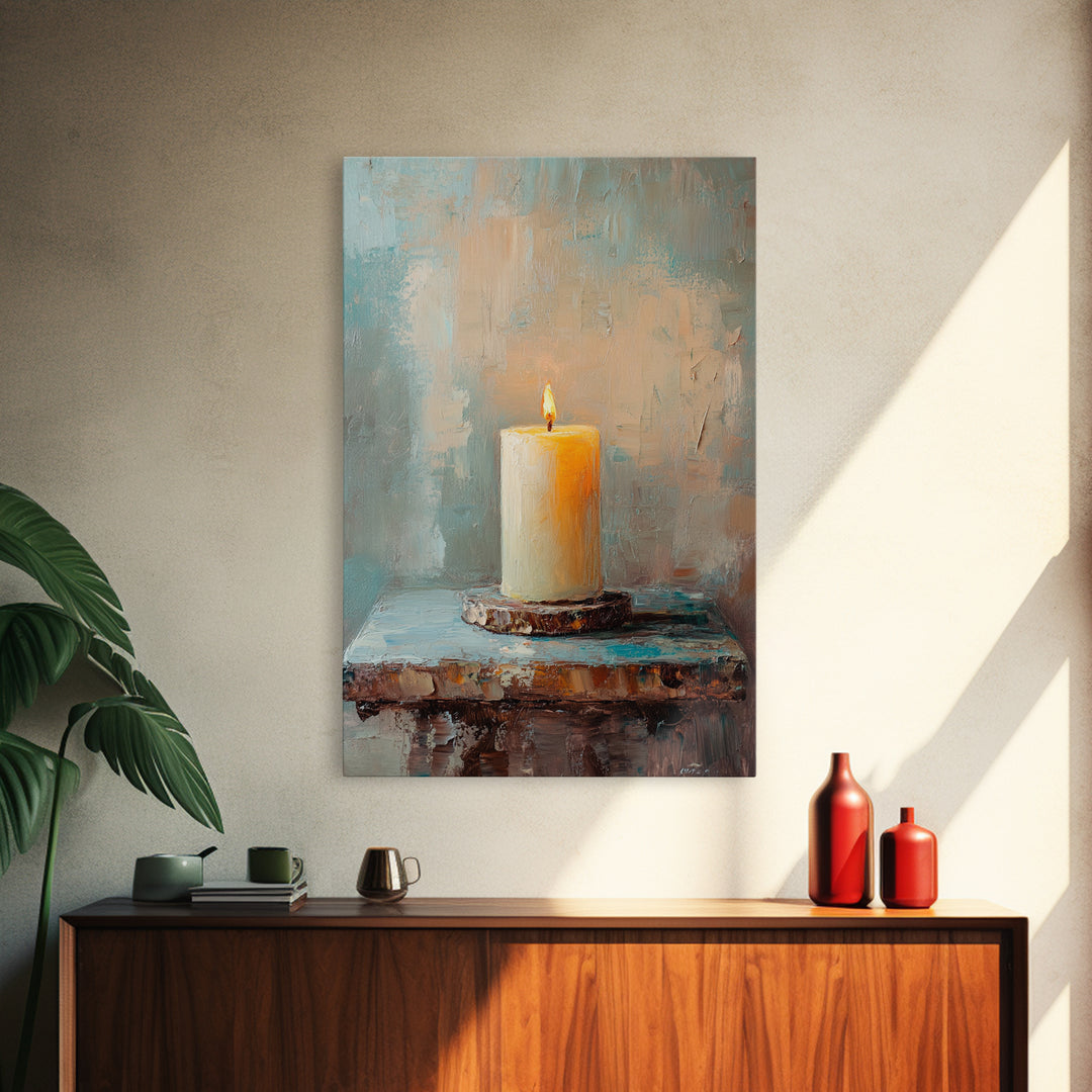 Glowing Ivory Candle On Rustic Table Canvas Print, Calming Still Life Wall Art For Spa Decor, Meditation Room, Cozy Home