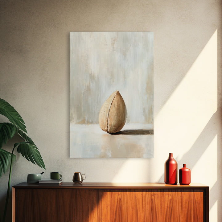Single Almond Shell Minimalist Canvas Print, Neutral Still Life Wall Art For Kitchen, Japandi Decor, Organic Modern Home
