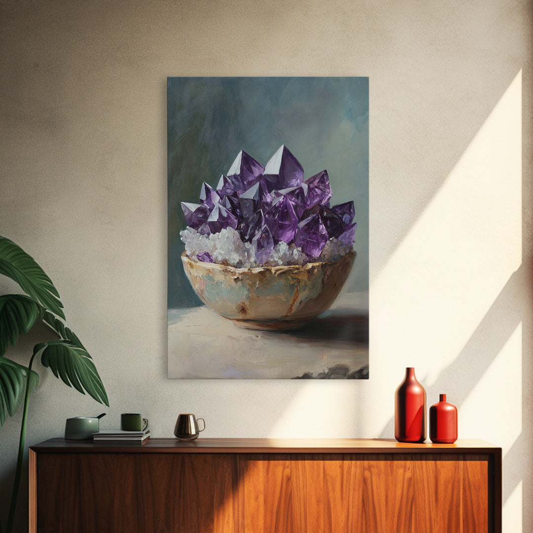 Purple Amethyst Crystals In Rustic Bowl Canvas Print, Crystal Wall Art, Spiritual Decor, Boho Home Decor, Gift For Her, Living Room Decor