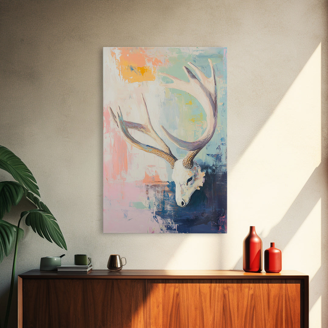 White Deer Skull With Antlers On Pastel Abstract Canvas Print, Western Wall Art, Boho Wall Decor, Rustic Cabin Home Decor