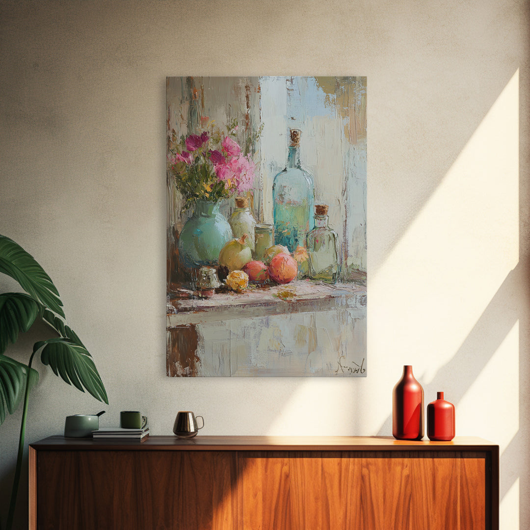 Flowers Bottles And Fruit Framed Canvas Print, Impressionist Still Life Wall Art, Kitchen Decor, Dining Room Prints, Home Decor