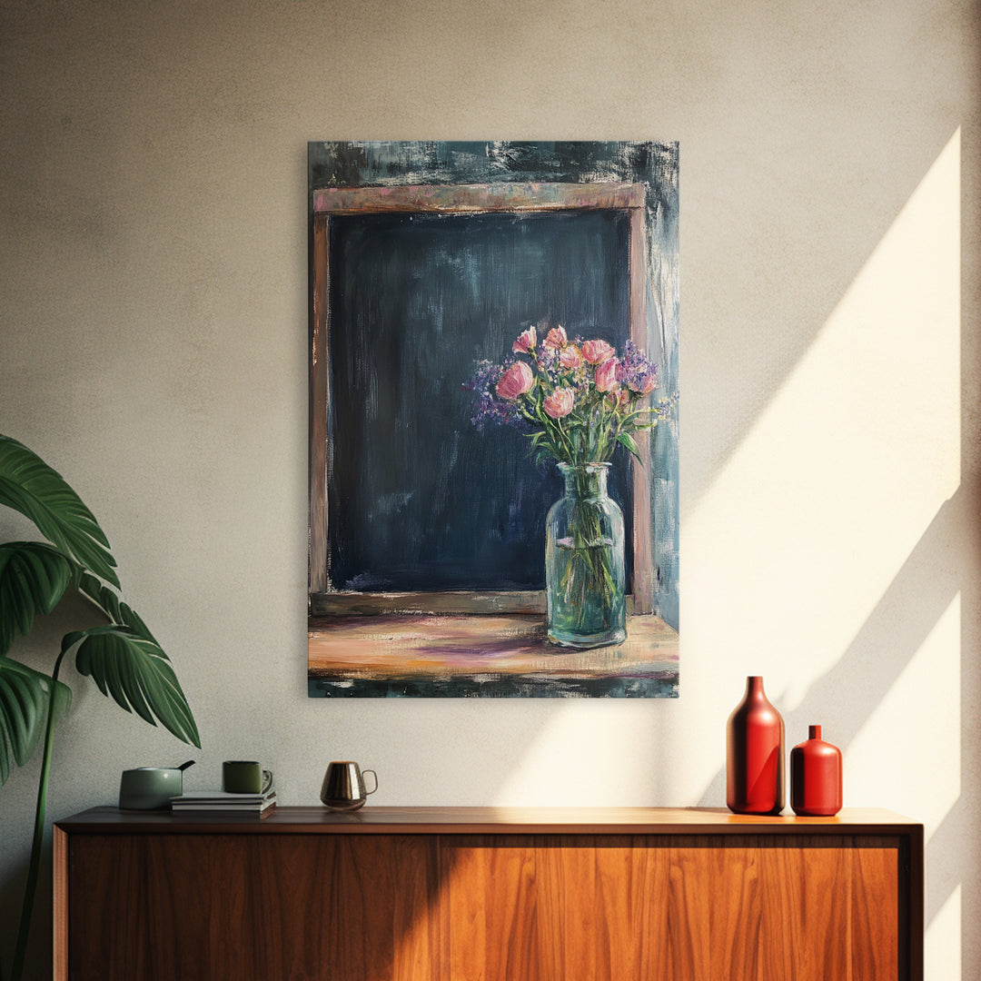 Chalkboard With Pink Flowers Wall Art, Rustic Kitchen Decor, Farmhouse Canvas Print, Floral Still Life, Dining Room Print
