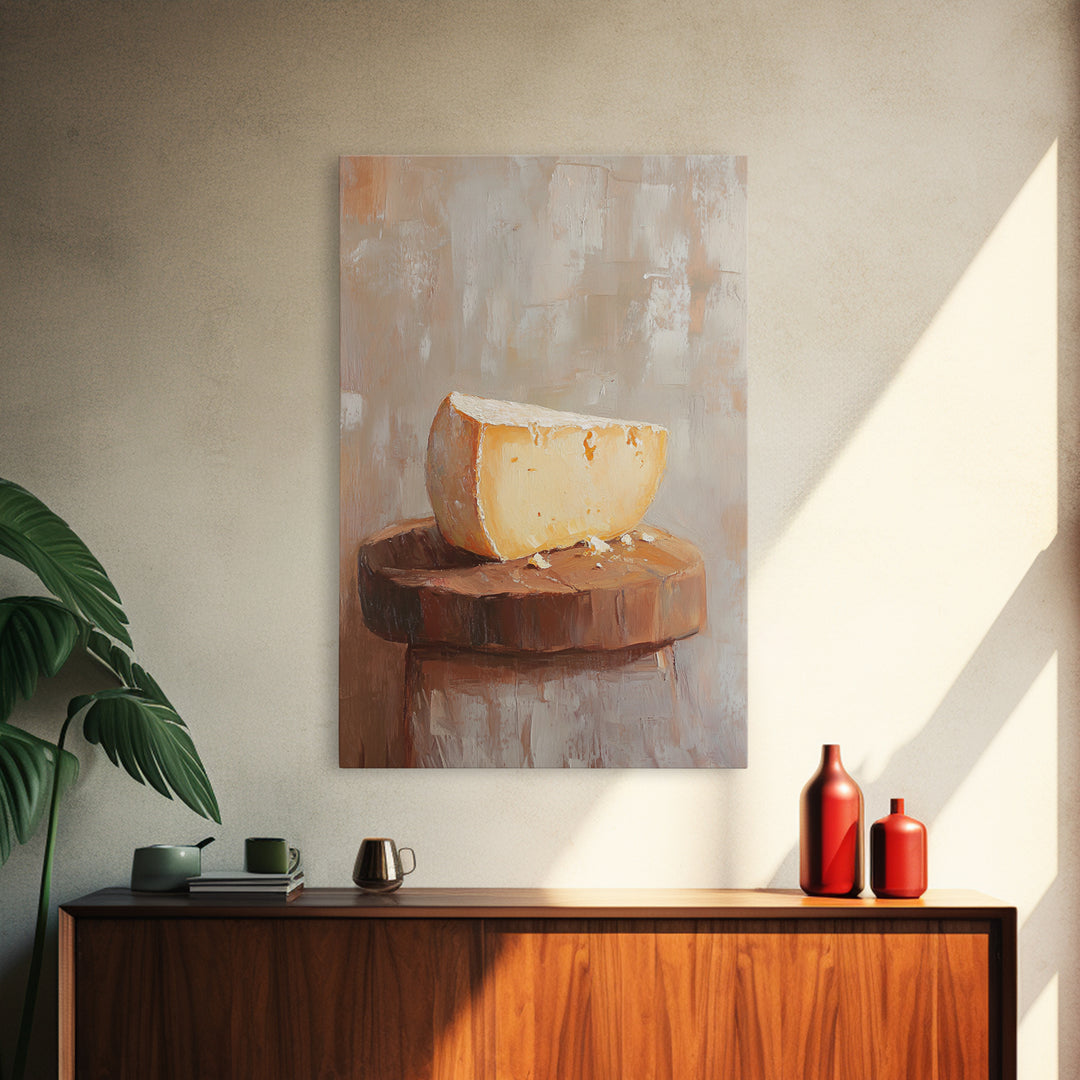 Cheese Wedge On Rustic Stool Canvas Print, Minimalist Kitchen Wall Art, Food Still Life, Farmhouse Decor, Gift For Foodie