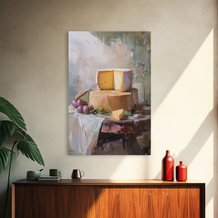 Cheese Wheel With Grapes Canvas Print, Rustic Kitchen Wall Art, Farmhouse Dining Room Decor, Food Still Life, Gift For Foodie