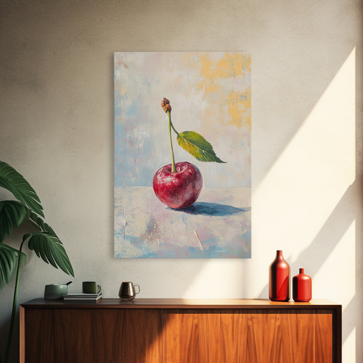 Red Cherry Still Life With Leaf Wall Art, Rustic Kitchen Decor, Fruit Art Print, Farmhouse Dining Room Home Decor Gift Idea