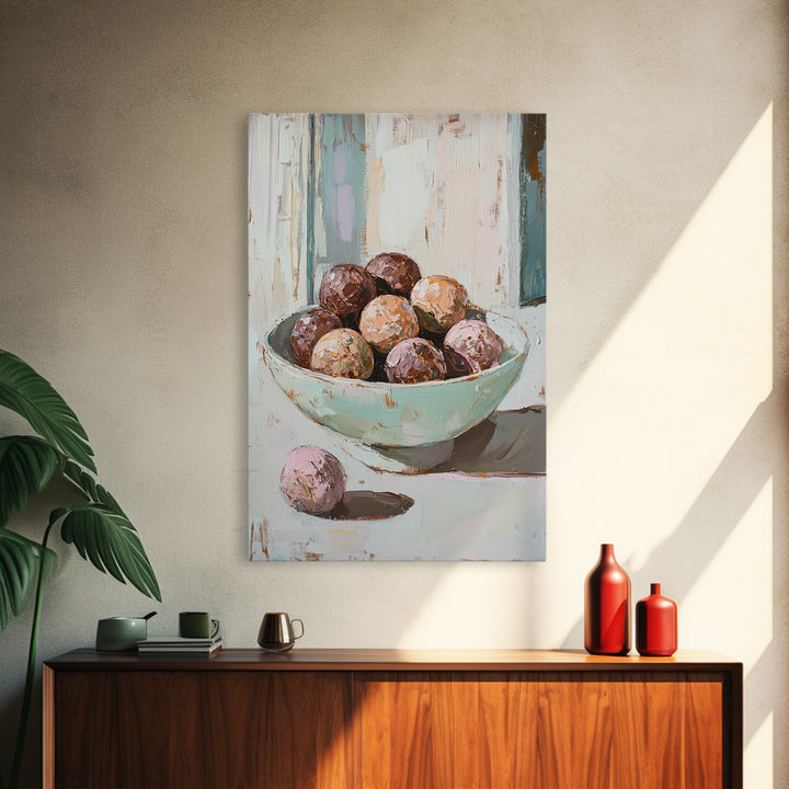 Pastel Bowl Of Chocolate Truffles Wall Art, Kitchen Decor, Food Still Life Painting, Whimsical Bakery Art Print Gift For Her