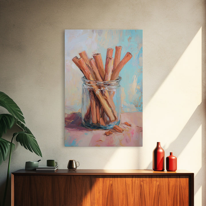 Cinnamon Sticks In Glass Jar Framed Canvas Print, Rustic Kitchen Wall Art, Spice Painting, Farmhouse Home Decor Gift Idea
