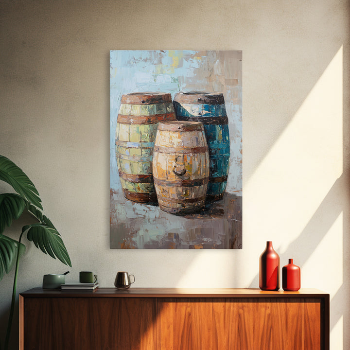 Rustic Wine Barrels Still Life Framed Canvas Print, Winery Wall Art, Home Bar Decor, Farmhouse Kitchen Gift For Him Idea