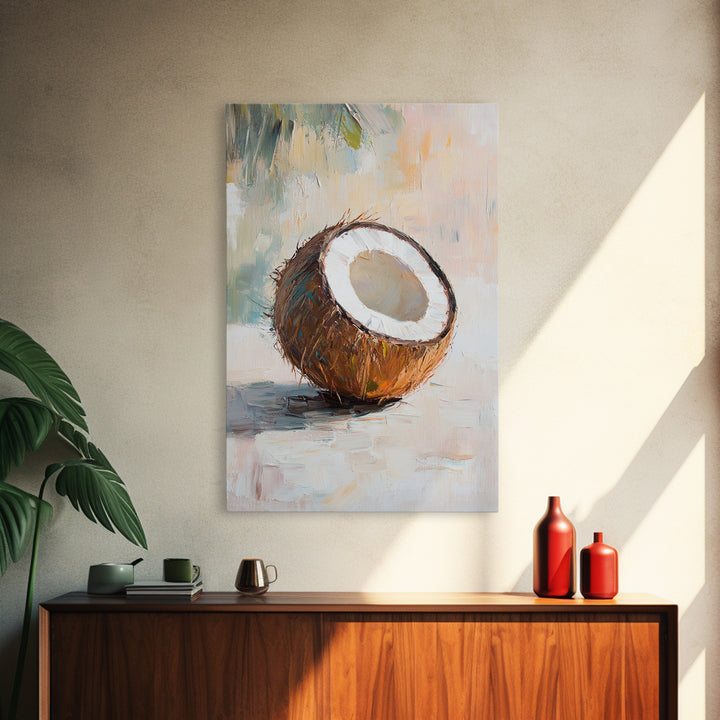 Split Coconut Still Life Canvas Print, Tropical Kitchen Wall Art, Coastal Home Decor, Food Art Print, Rustic Beach House Gift