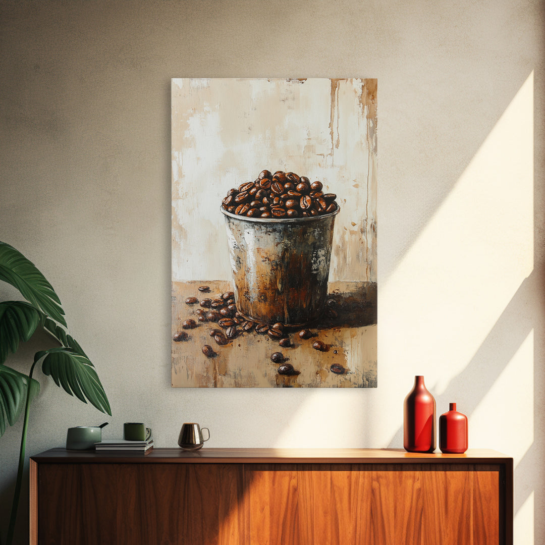 Coffee Beans In Rustic Tin Canvas Print, Kitchen Wall Art, Coffee Bar Decor, Cafe Poster, Foodie Gift For Coffee Lovers Art